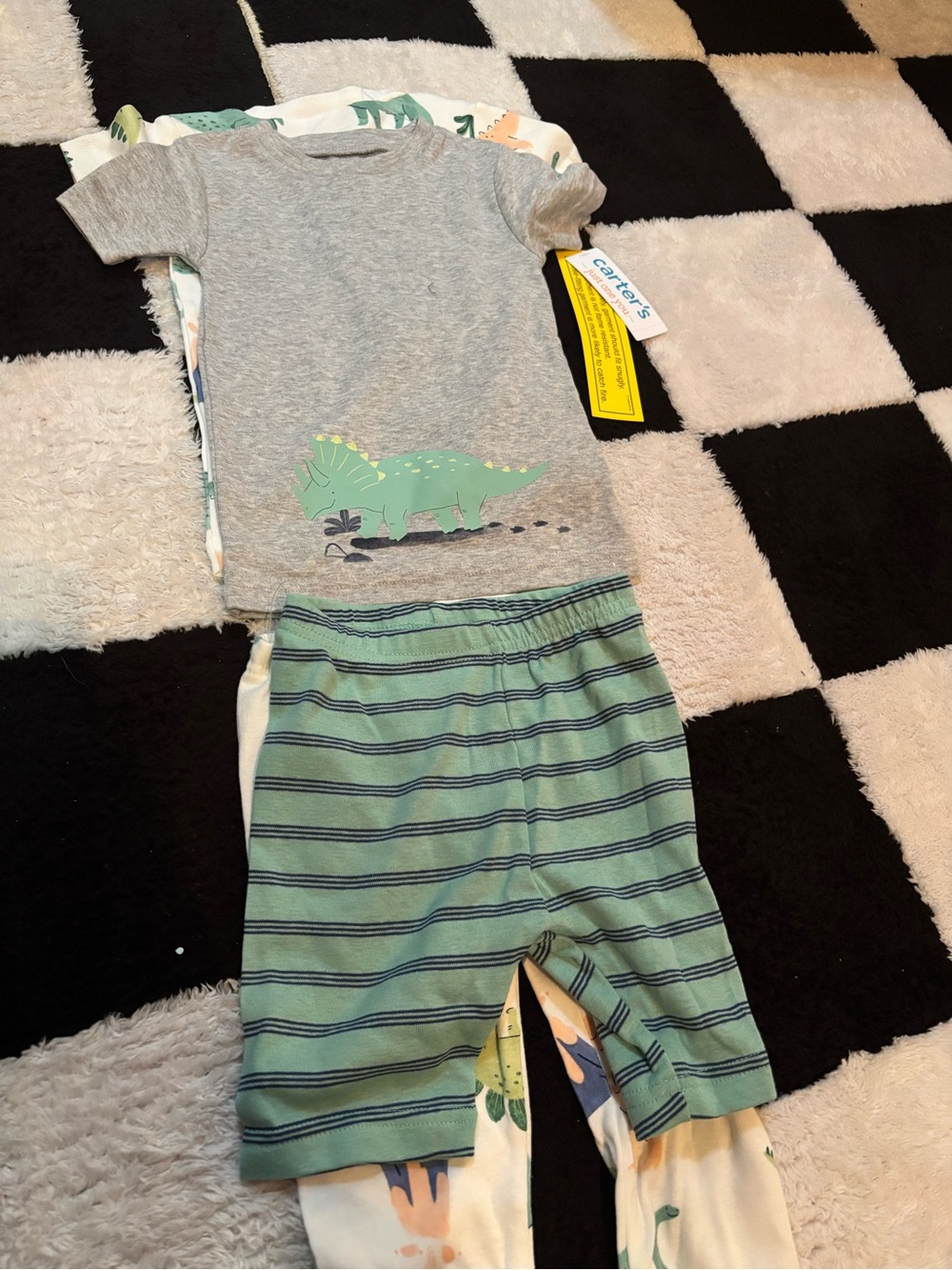Carter's Gray Tee with Green Dinosaur & Green-Striped Pajama Shorts